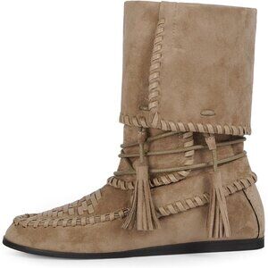⚡Women Khaki Faux Suede Woven Details Tassels Fold-Over Cuff Slouchy Flat Boots